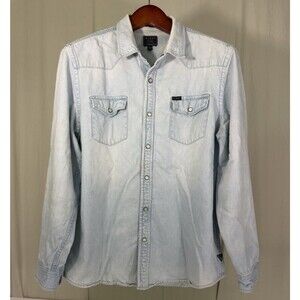 Guess Men’s Truckee Western Denim Pearl Button Down Shirt Light Wash Sz M Cowboy